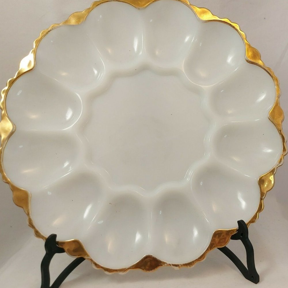 Vtg Anchor Hocking Milk Glass 12 Deviled Egg Plate Gold Trim Ornate Bottom 10"